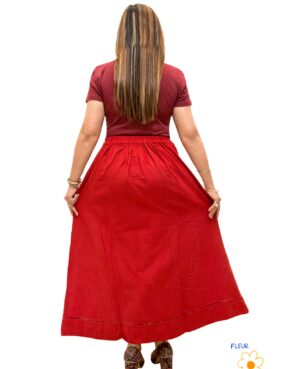 Ready to wear Deep Red linen flax skirt with ladder hem line