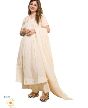 Ready to wear Off white mal mal kurta with golden self motifs and self gold stripes on sharara and dupatta