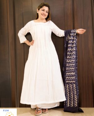 Ready to wear White mal mal pleated kurta with back buttons and Kalidar white palazzo, Dabu indigo cotton dupatta