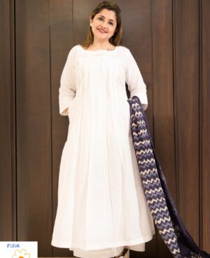 Ready to wear White mal mal pleated kurta with back buttons and Kalidar white palazzo, Dabu indigo cotton dupatta