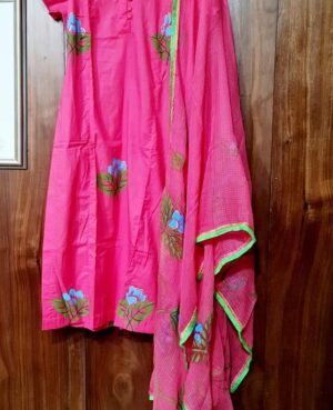 Semi stitched camric cotton khari block printed suit set with kota dupatta