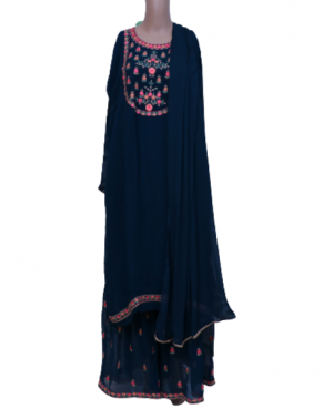 Semi stitched Teal blue georgette kurta with colorful embroidered yoke and hemline