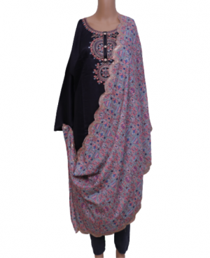 Semi stitched black muslin silk suit with patchwork embroidery on kurta front and combined with printed dupatta finished with scalping and embroidery on edges, with plain shantoon lower in base color
