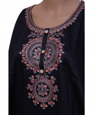 Semi stitched black muslin silk suit with patchwork embroidery on kurta front and combined with printed dupatta finished with scalping and embroidery on edges, with plain shantoon lower in base color
