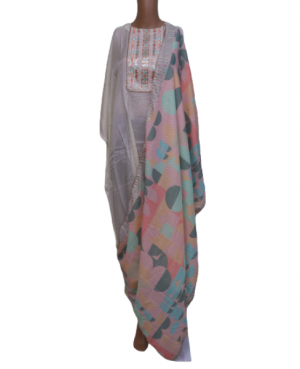 Semi stitched muslin silk floral designer suit with thread & mirror neck detailing