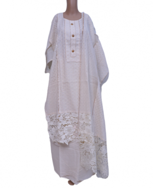 Semi stitched off white cotton cambric semi-stitched suit with combination chickan front embellished with gota patti