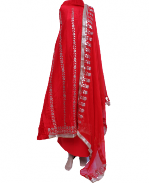 Semi stitched bright Red crepe suit with gota patti