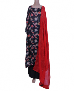 Semi stitched black base georgette floral printed kurta with lace detailing on kurta patti and sequin work all over.