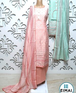 Semi stitched banarasi muslin silk kurta with all over self motifs and border design on hemline accentuated with silver kasab weaving,finished with candy piping.