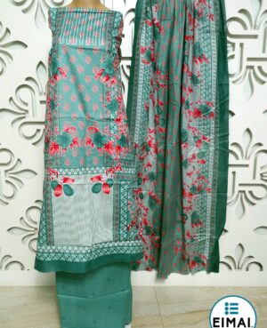 Semi stitched pure cotton camric printed kurta and lower with mul-mul dupatta