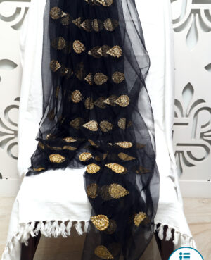 Black net lehenga with all over golden kasab ,pearls and Swarovski combination embroidery