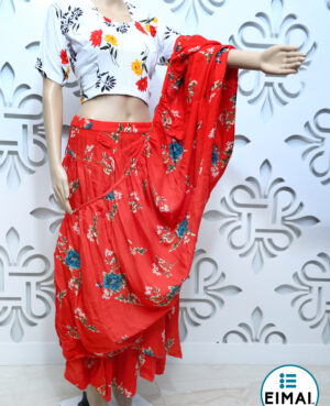 Ready to wear Red cotton rayon saree with floral print combined with white frill blouse with floral print
