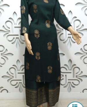 Ready to wear dark green palazzo suit set with khari printing embelished with embroidery