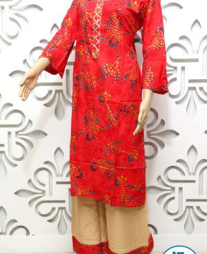 Red ready to wear kurta and palazzo set in red and beige combination in khari printing embelished with gota finishing
