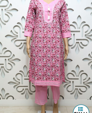 Ready to wear Pink kurta with trouser set embelished with pearl buttons and gota finishing