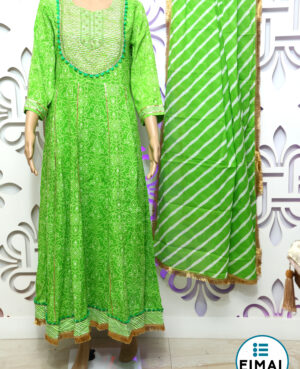 Ready to wear green anarkali kurta with trouser & dupatta embelished with embroidery, gota finishing and jhalar lace