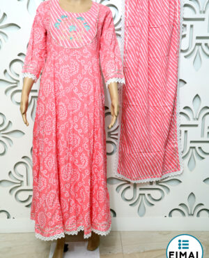 Ready to wear sandy pink anarkali kurta with trouser & dupatta embelished with embroidery & gota finishing