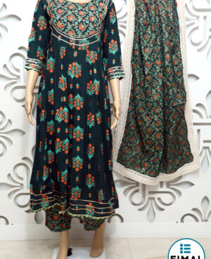 Ready to wear dark green khari printed anarkali kurta with trouser & dupatta embelished with embroidery & gota finishing