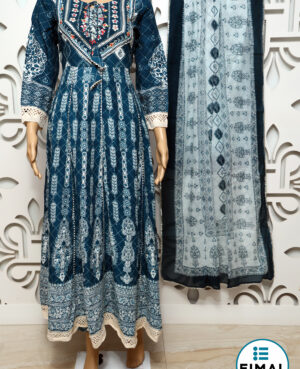 Ready to wear teal blue anarkali kurta with trouser & dupatta embelished with colorful embroidery & gota finishing