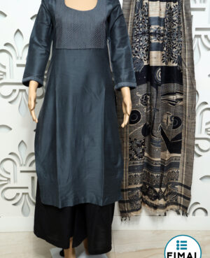 Ready to wear Grey silk kurta with quilting on yoke and sleeve edges with tussar silk dupatta with all over printing and mirror work and black raw silk kalidar lower