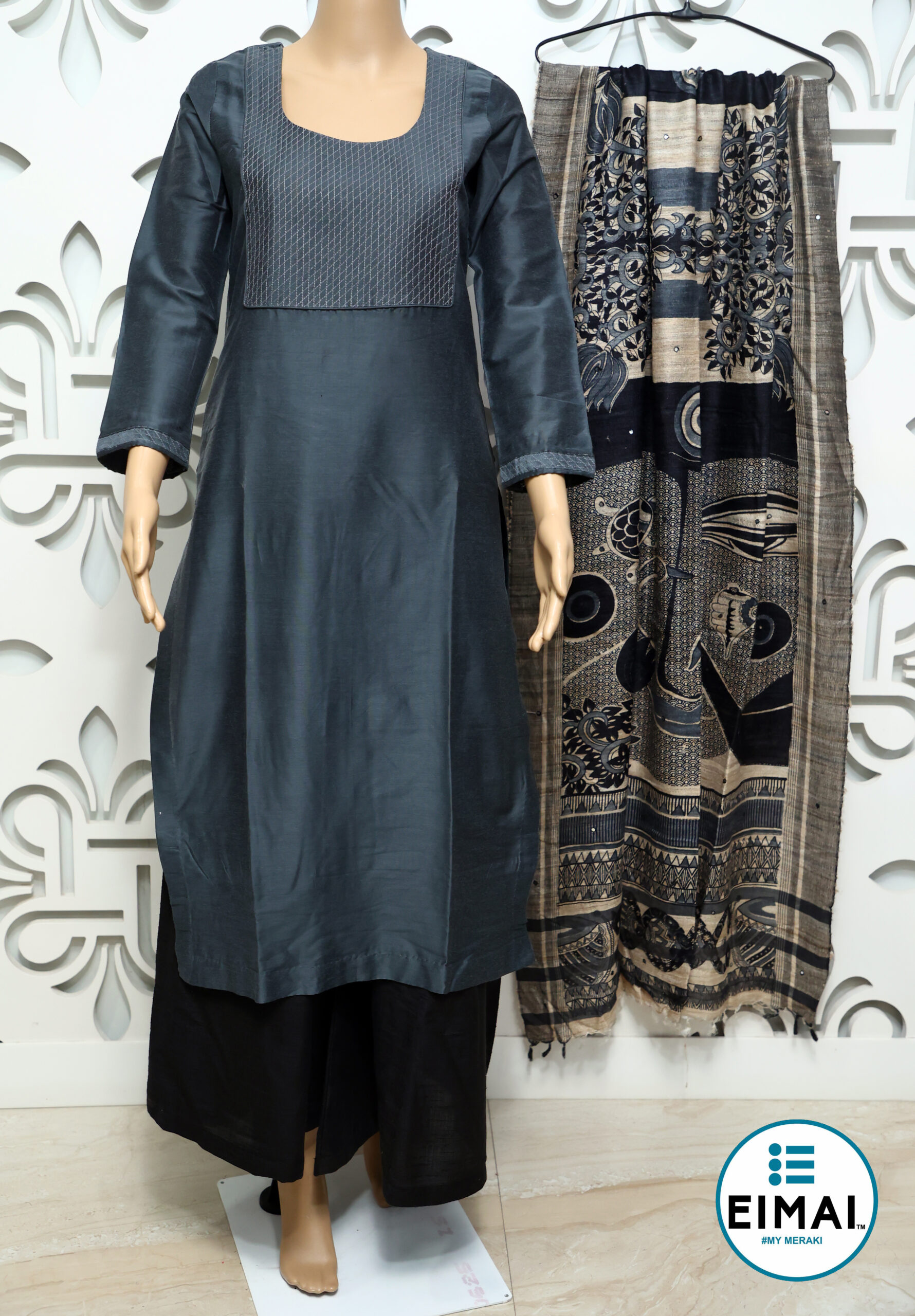 Black Pure Tussar Silk ALine Kurta Set Design by Weaverstory at Pernias  Pop Up Shop 2023