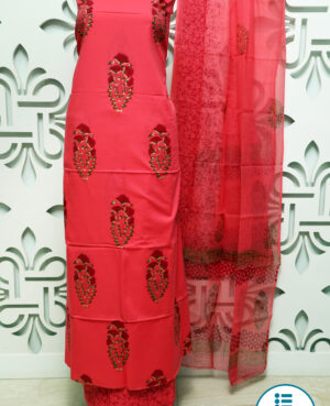 Semi stitched suit in fine cotton with combination jaipuri print on kurta and lower and kota dupatta