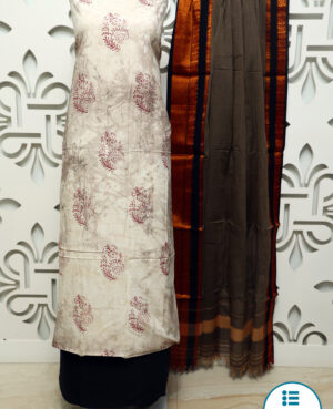 Semi stitched suit in fine cotton with jaipuri printing and plain lower combined with south cotton border dupatta