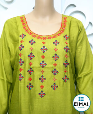 Ready to wear light green cotton kurta with embroidery and sequence