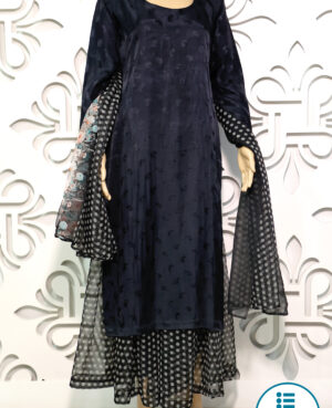 Ready to wear black self/jacquard long kurta with black polka garara and dupatta, this has been curated and designed from an age old imported heirloom saree