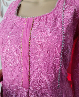 Ready to wear Pink cotton chikankari kurta with ganga jamuna silver & gold kingri detailing on kalees, neck and hemline and matching net dupatta with all over embroidery