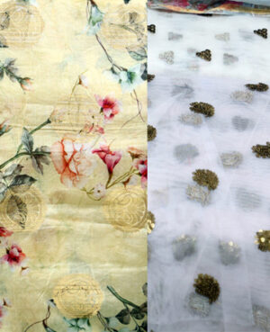 Semi stitched Pure muslin cotton silk banarasi kurta fabric with digital printing Net dupatta for odhni