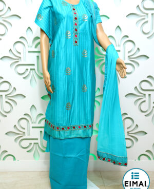 Semi stitched cotton suit in turqouise blue with all over sequin embroidery and thread work combination on neckline and hemline with chiffon dupatta and plain cotton lower in base color