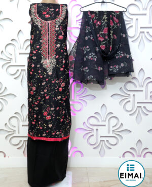 Semi Stitched cotton printed suit in black base with embroidery on neckline and kurta patti, with printed chiffon dupatta and plain cotton lower in base color