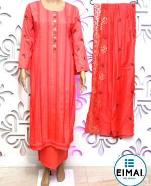Semi stitched suit in muslin silk with embroidery on kurta patti and self design, with muslin silk dupatta with all over embroidery and finished with samosa lace & scalping, plain shantoon lower in base color