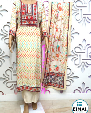 Semi stitched suit in crepe with digital printing embroidery and samosa lace, plain shantoon lower in base color
