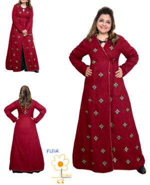Ready to wear reversible pure wool long angrakha shrug/jacket for sarees, suits & western wear with embroidery