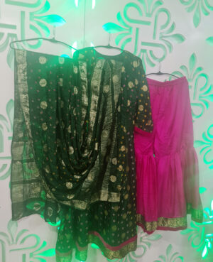 Ready to wear deep green Jaipuri silk bandhani and banarsi kurta and dupatta with dark pink sharara finished with banarsi border