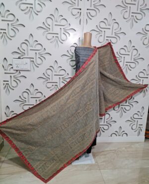 Light grey velvette shawl with all over golden embroidery, embellishments and thread work border on all four sides finished with piping