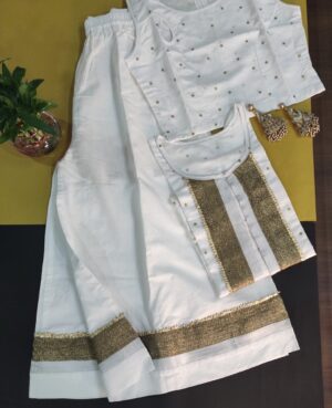 Pure linen co-ord set Crop top in gold polka print on white base with whirl key design .