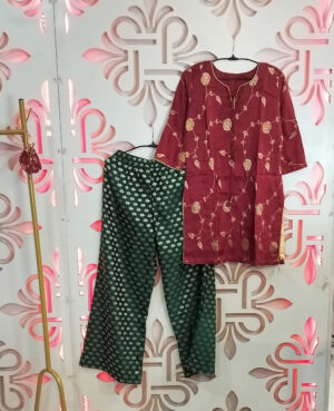 Ready to wear kurta and pallazo coord set in pure Banarasi silk with all over woven zari booties/jaal. Dupatta can be added as per requirement.