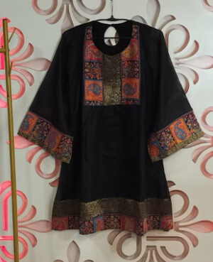 Ready to wear cotton silk kurti with woven silk and antique zari yoke and border all over on hemline as well as A line sleeves.