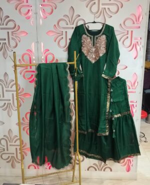 Ready to wear Pure mulberry silk three piece garara suit with zari embroidery on yoke and stole,embellished with lace and scalloping