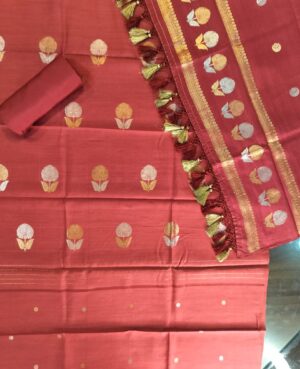 Pure Munga Silk Handloom Deep Red kurta with Zari Sona Roopa Kadua All over Bootas and plain cotton silk lower.