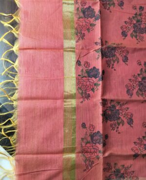 Peach and Gold Digital Print Chanderi Silk Dupatta with tassles.
