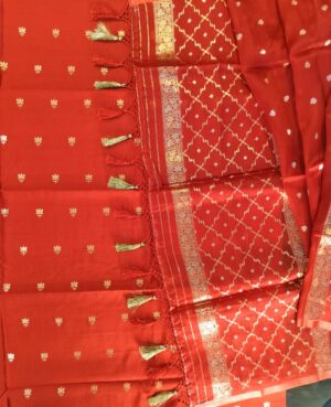 Pure Katan Silk Handloom Vermillion Red kurta and plain lower suit set with Zari Sona Roopa Kadua All over lotus Bootas