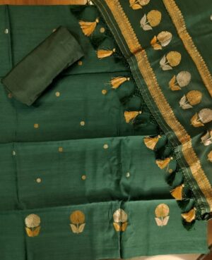 Pure Munga Silk Handloom dark green kurta with Zari Sona Roopa Kadua All over Bootas and plain cotton silk lower.