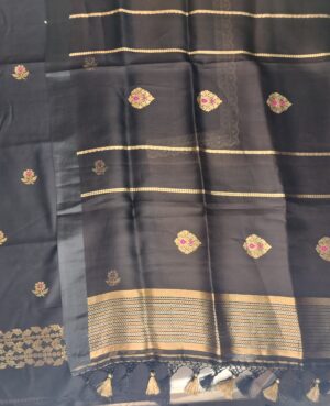 Semi Stitched Pure  Silk – Cotton Handloom Black, Gold, Fuscia Pink Meenakari Kurta with same plain fabric for lower. (3 Piece Suit)