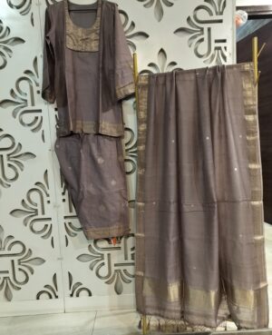 Ready to Wear Pure Silk – Cotton Handloom Suit with Kadua Sona Roopa Zari bootas and borders woven all over kurta and Dupatta. lower is plain in same fabric. (3 Piece Suit)