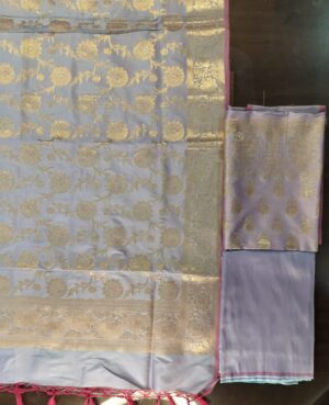 Semi Stitched Pure Satin Silk Lilac Kurta With All Over Golden Zari Dense Bootas and Border and Allover Zari Jaal Dupatta with Majjenta Self Tassles. (3 Piece Suit)