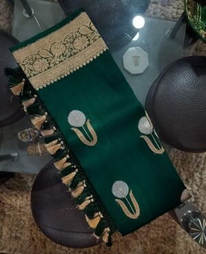 Pure Kora silk Handloom Emerald Green Saree with Zari Sona Roopa Kadua ALFI Boota  Comes with running blouse (kadua zari borders)